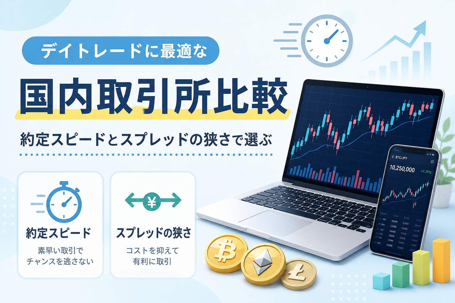 デイトレード向けの国内仮想通貨取引所を比較し、約定スピードやスプレッドの狭さを重視した選び方をイメージしたアイキャッチ画像。チャートを表示したパソコンとスマートフォンが配置され、スピーディーな取引を表現している。