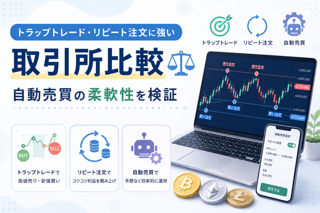 トラップトレードやリピート注文に対応した仮想通貨取引所を比較し、自動売買の柔軟性を検証する様子を表現したアイキャッチ画像。パソコンのチャート画面やスマートフォンの設定画面、自動売買をイメージしたアイコンが配置されている。