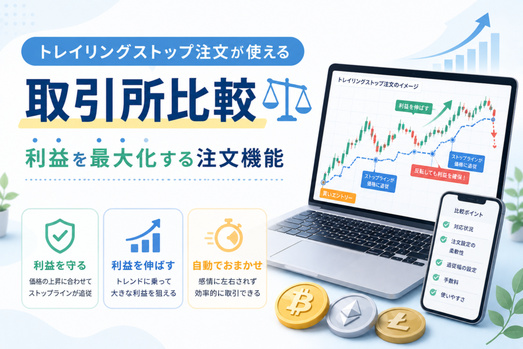 トレイリングストップ注文に対応した仮想通貨取引所を比較し、価格上昇に合わせて利益を伸ばす注文機能を表現したアイキャッチ画像。チャートを表示したパソコンやスマートフォン、利益拡大をイメージしたグラフやアイコンが配置されている。
