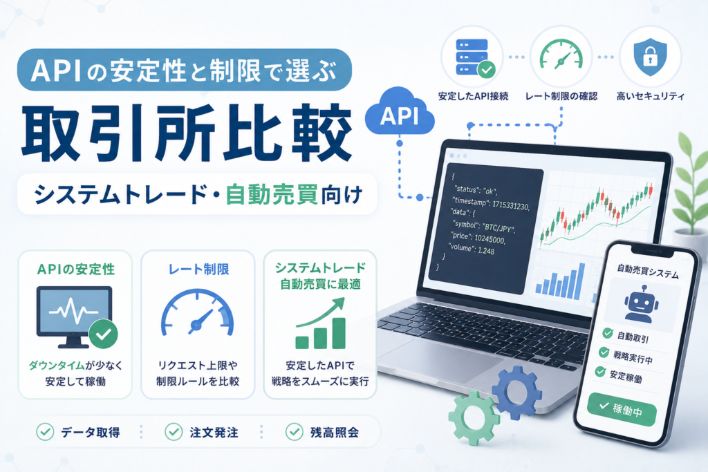 APIの安定性やレート制限を比較し、システムトレードや自動売買に適した仮想通貨取引所を選ぶポイントを表現したアイキャッチ画像。パソコンのコード画面やチャート、スマートフォンの自動売買システム画面が配置されている。