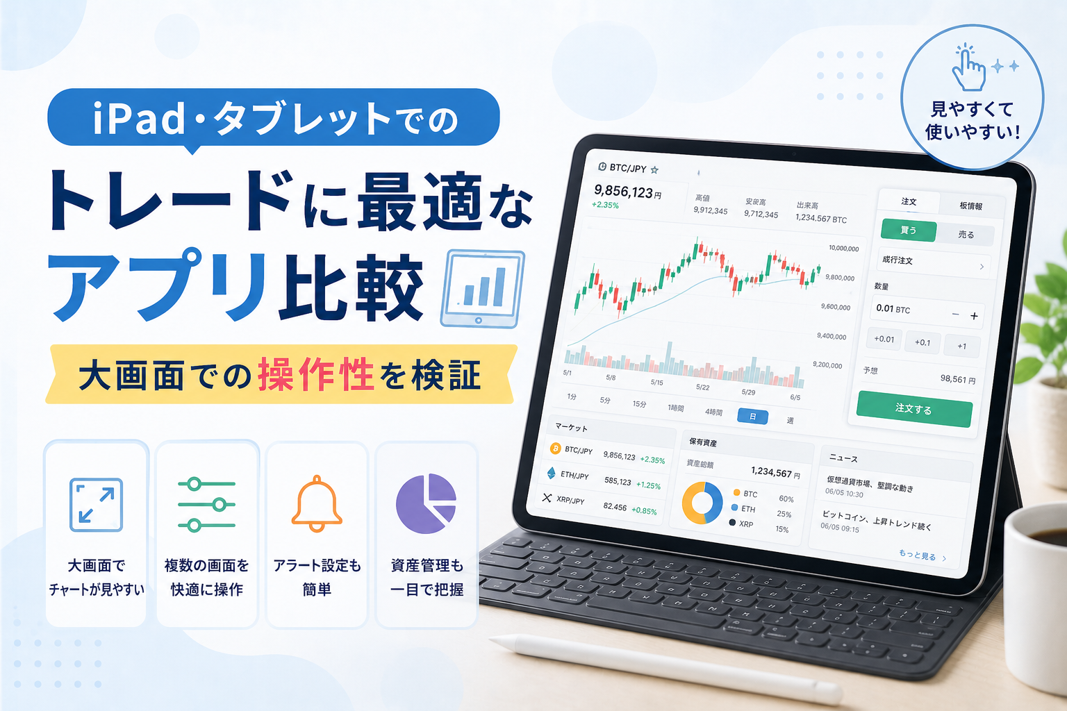 iPadやタブレットで利用できる仮想通貨トレードアプリを比較し、大画面での操作性やチャートの見やすさを表現したアイキャッチ画像。タブレットにチャート画面や注文画面が表示され、快適なトレード環境をイメージしている。