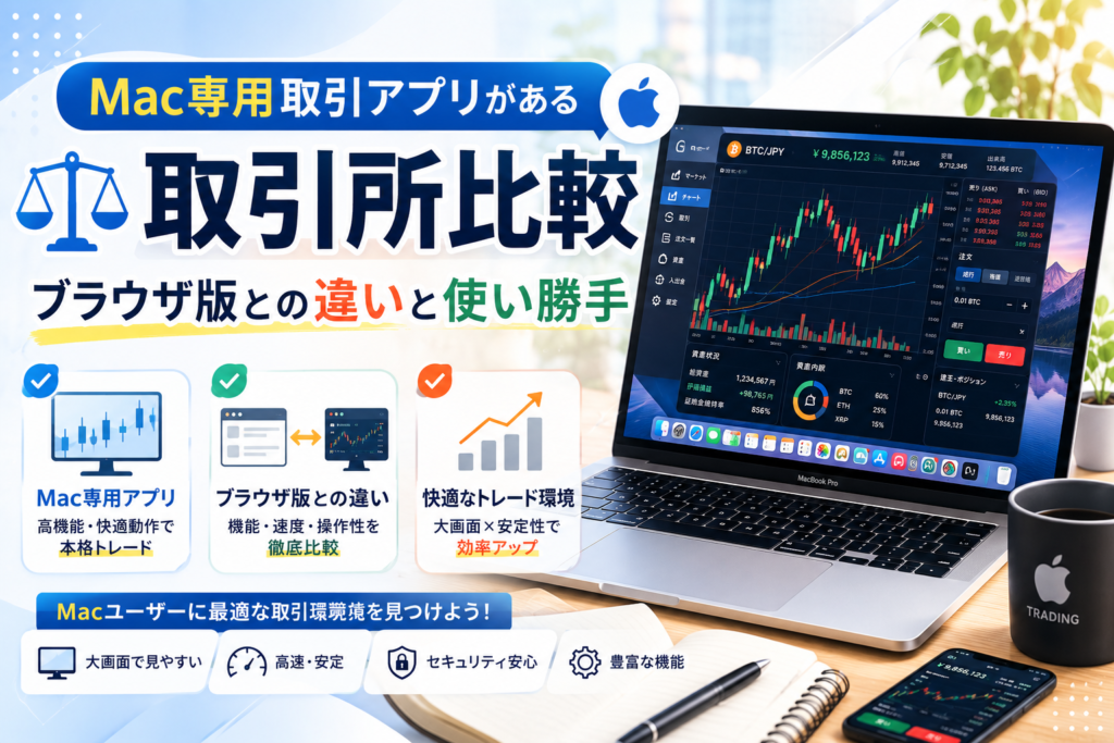 Mac専用の仮想通貨取引アプリを提供する取引所を比較し、ブラウザ版との違いや使い勝手を表現したアイキャッチ画像。大画面のノートパソコンにチャートや注文画面が表示され、快適なトレード環境をイメージしている。