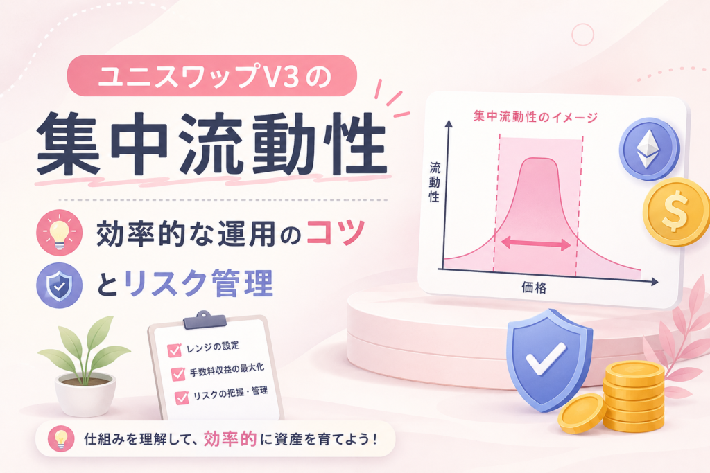 ユニスワップV3の集中流動性について、価格レンジ設定や手数料収益、リスク管理のポイントをグラフやチェックリストでわかりやすく表現したアイキャッチ画像。
