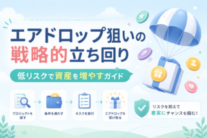 エアドロップ狙いの戦略的な立ち回りについて、プロジェクト探しや条件達成、タスク実行、リスク管理をわかりやすく表現したアイキャッチ画像。