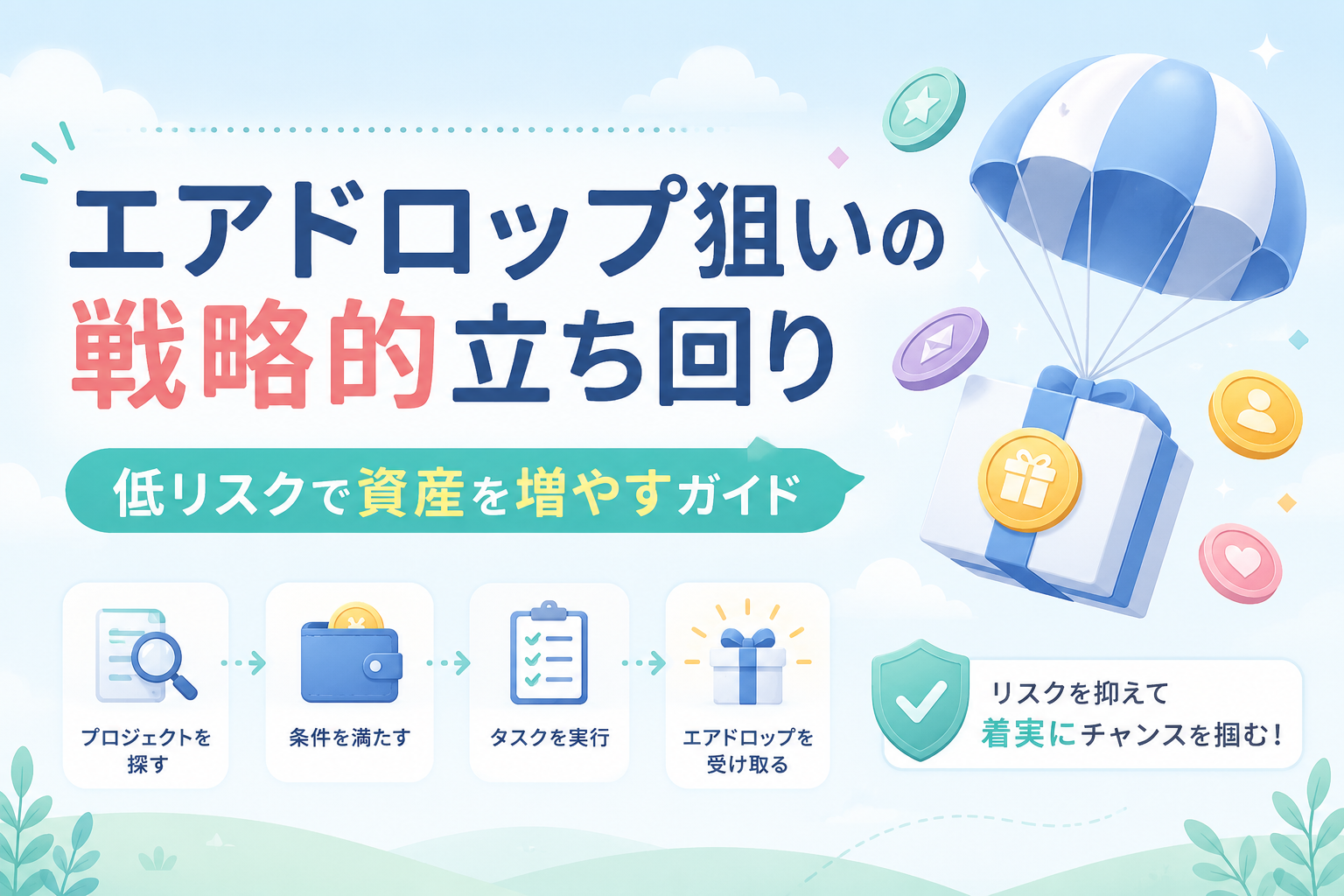 エアドロップ狙いの戦略的な立ち回りについて、プロジェクト探しや条件達成、タスク実行、リスク管理をわかりやすく表現したアイキャッチ画像。