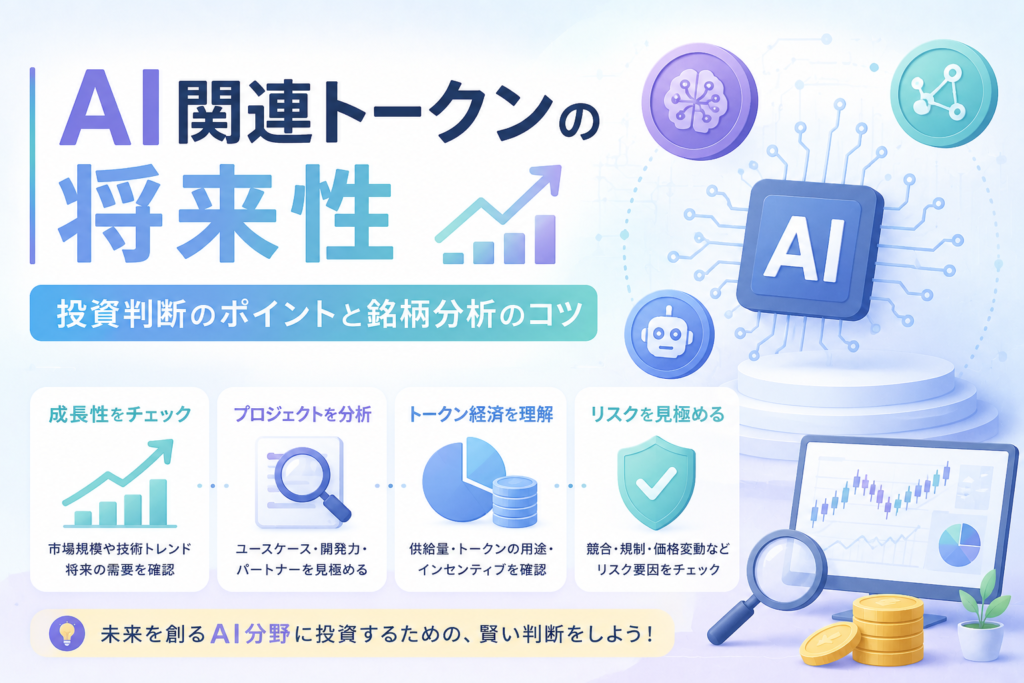AI関連トークンの将来性について、成長性・プロジェクト分析・トークン経済・リスク確認などの投資判断ポイントをわかりやすく表現したアイキャッチ画像。