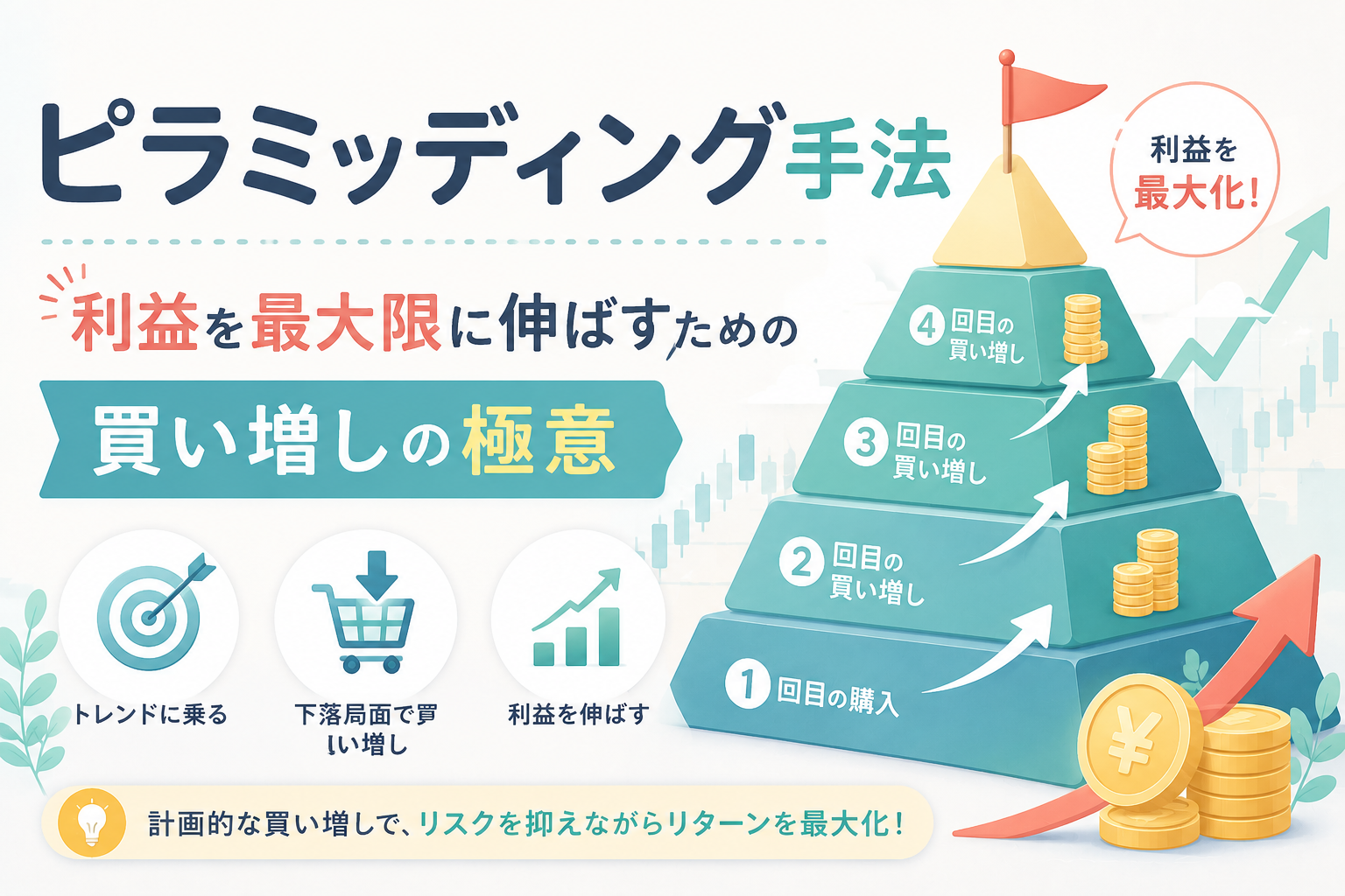 ピラミッディング手法について、上昇トレンドに合わせた段階的な買い増しや利益拡大、リスク管理の考え方をピラミッドとチャートで表現したアイキャッチ画像。