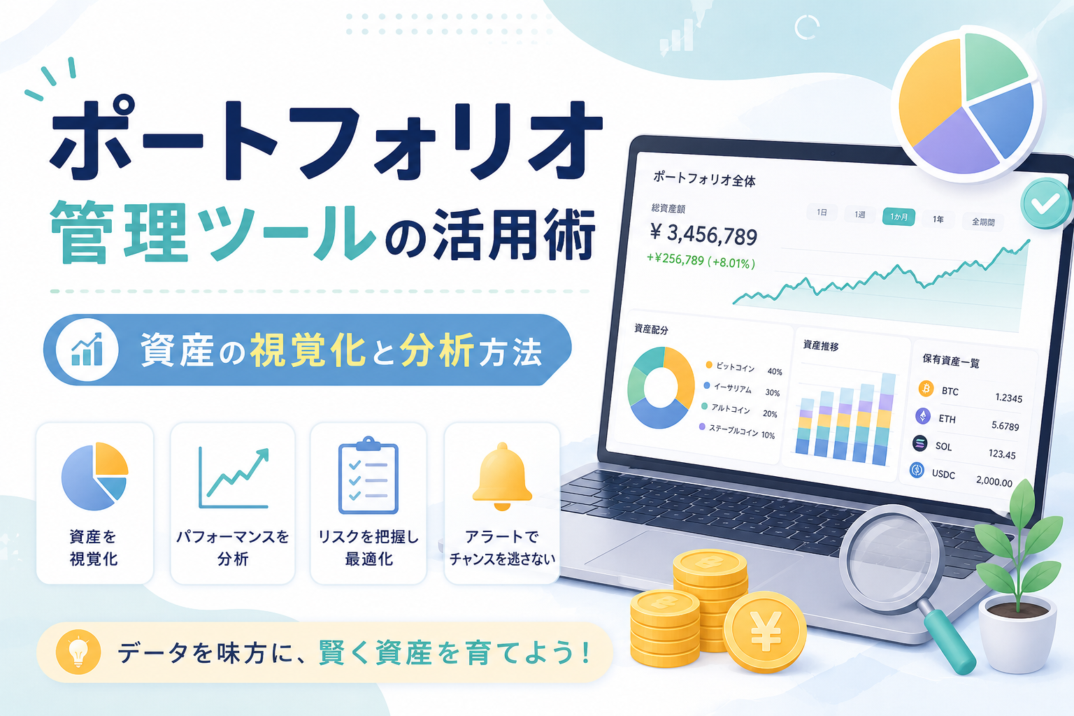 ポートフォリオ管理ツールを使って、資産配分や運用成績、リスク状況をグラフやダッシュボードで視覚化・分析する方法を表現したアイキャッチ画像。