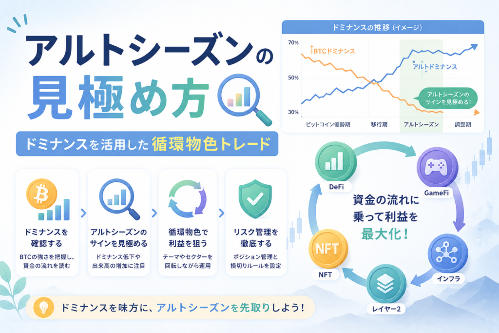 アルトシーズンの見極め方について、ビットコインドミナンスやアルトコインへの資金循環、セクター別の循環物色トレードをグラフとアイコンで表現したアイキャッチ画像。