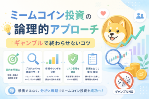 ミームコイン投資について、感情やギャンブルに頼らず、リサーチ・市場分析・リスク管理・計画的な実行で判断する流れを表現したアイキャッチ画像。