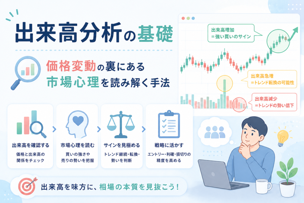 出来高分析の基礎について、価格チャートと出来高の関係から買い圧力・売り圧力・市場心理を読み解く方法を表現したアイキャッチ画像。