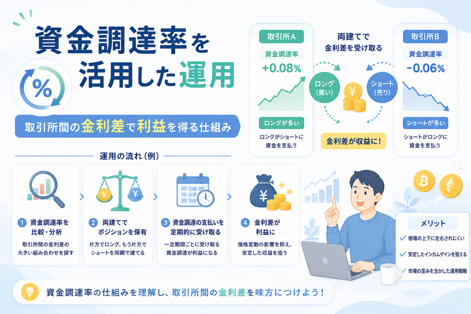 資金調達率を活用した運用について、取引所間の金利差やロング・ショートのポジション調整によって利益を狙う仕組みを表現したアイキャッチ画像。