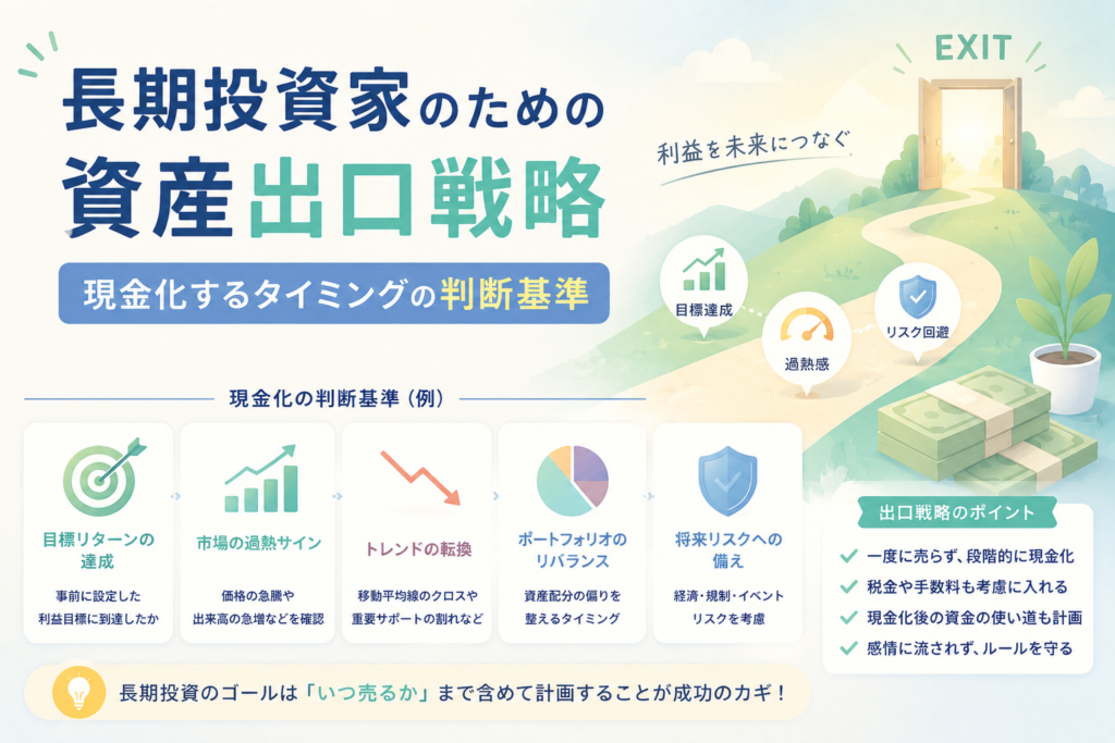 長期投資家の資産出口戦略について、利益目標の達成、市場の過熱感、リバランス、将来リスクへの備えを踏まえて現金化のタイミングを判断する流れを表現したアイキャッチ画像。
