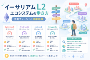 イーサリアムL2エコシステムについて、Optimism系・Arbitrum系・zkSync系・Polygon系など主要チェーンの特徴や手数料、速度、セキュリティを比較する流れを表現したアイキャッチ画像。