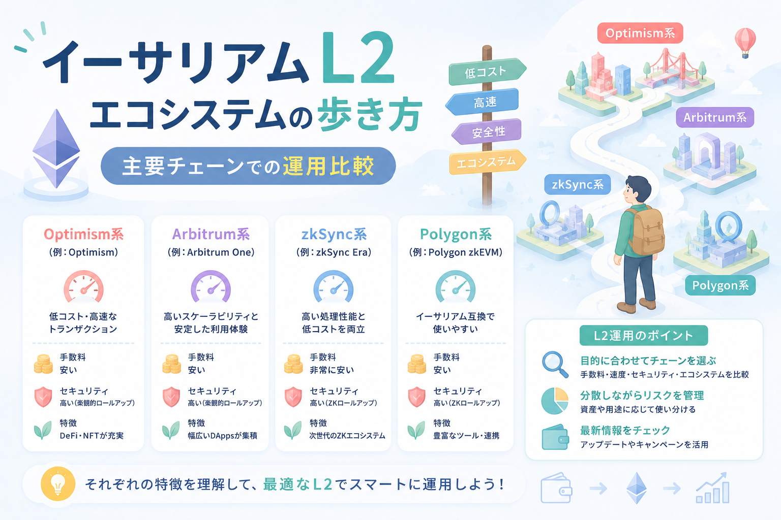 イーサリアムL2エコシステムについて、Optimism系・Arbitrum系・zkSync系・Polygon系など主要チェーンの特徴や手数料、速度、セキュリティを比較する流れを表現したアイキャッチ画像。