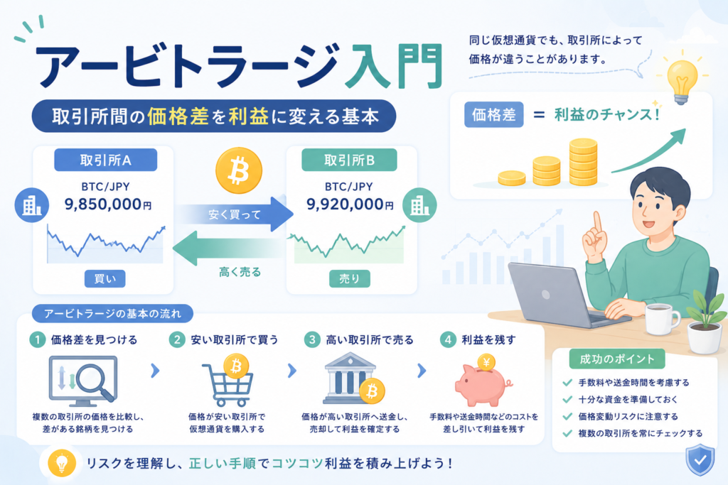 アービトラージ入門について、取引所間の価格差を見つけ、安い取引所で買い、高い取引所で売ることで利益を狙う基本的な流れを表現したアイキャッチ画像。