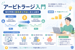 アービトラージ入門について、取引所間の価格差を見つけ、安い取引所で買い、高い取引所で売ることで利益を狙う基本的な流れを表現したアイキャッチ画像。