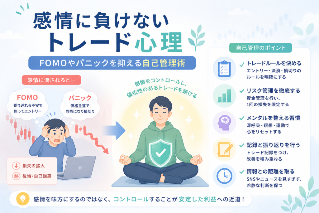 感情に負けないトレード心理について、FOMOやパニックによる焦った売買を抑え、ルール設定・リスク管理・記録習慣で冷静に判断する自己管理術を表現したアイキャッチ画像。